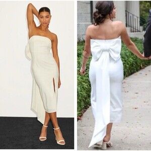 Lulus Fabulous Phenomenon White Strapless Bow Midi Dress Size XS Bridal Zip